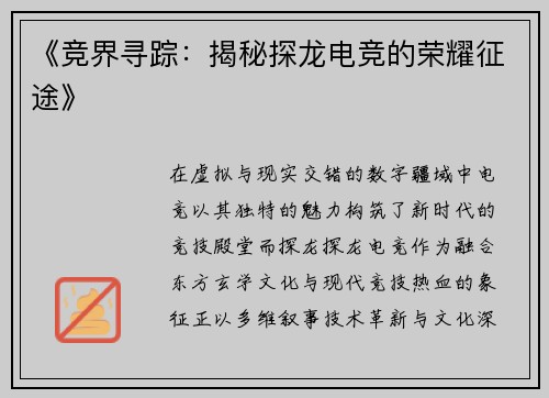 《竞界寻踪：揭秘探龙电竞的荣耀征途》